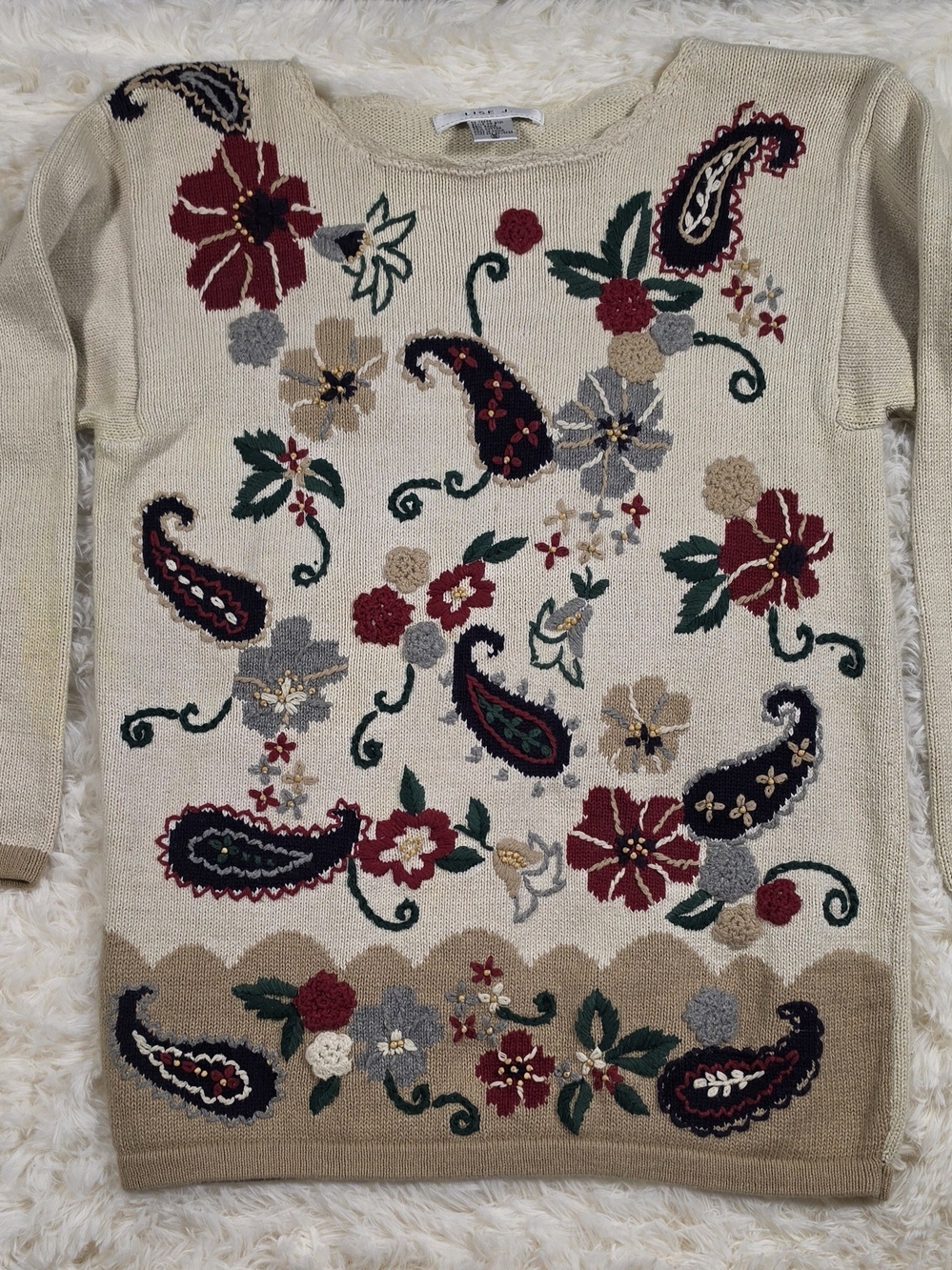 Cream Floral Paisley Embroidered Long Sleeve Sweater Womens Size Small